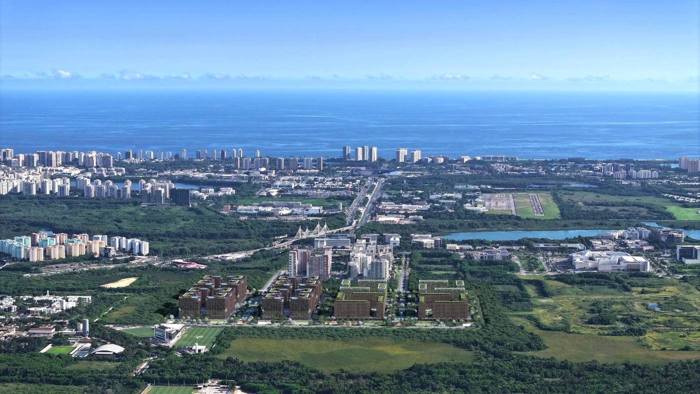 Fotomontagem aérea da região da Barra da Tijuca com a implantação do Cidade Arte