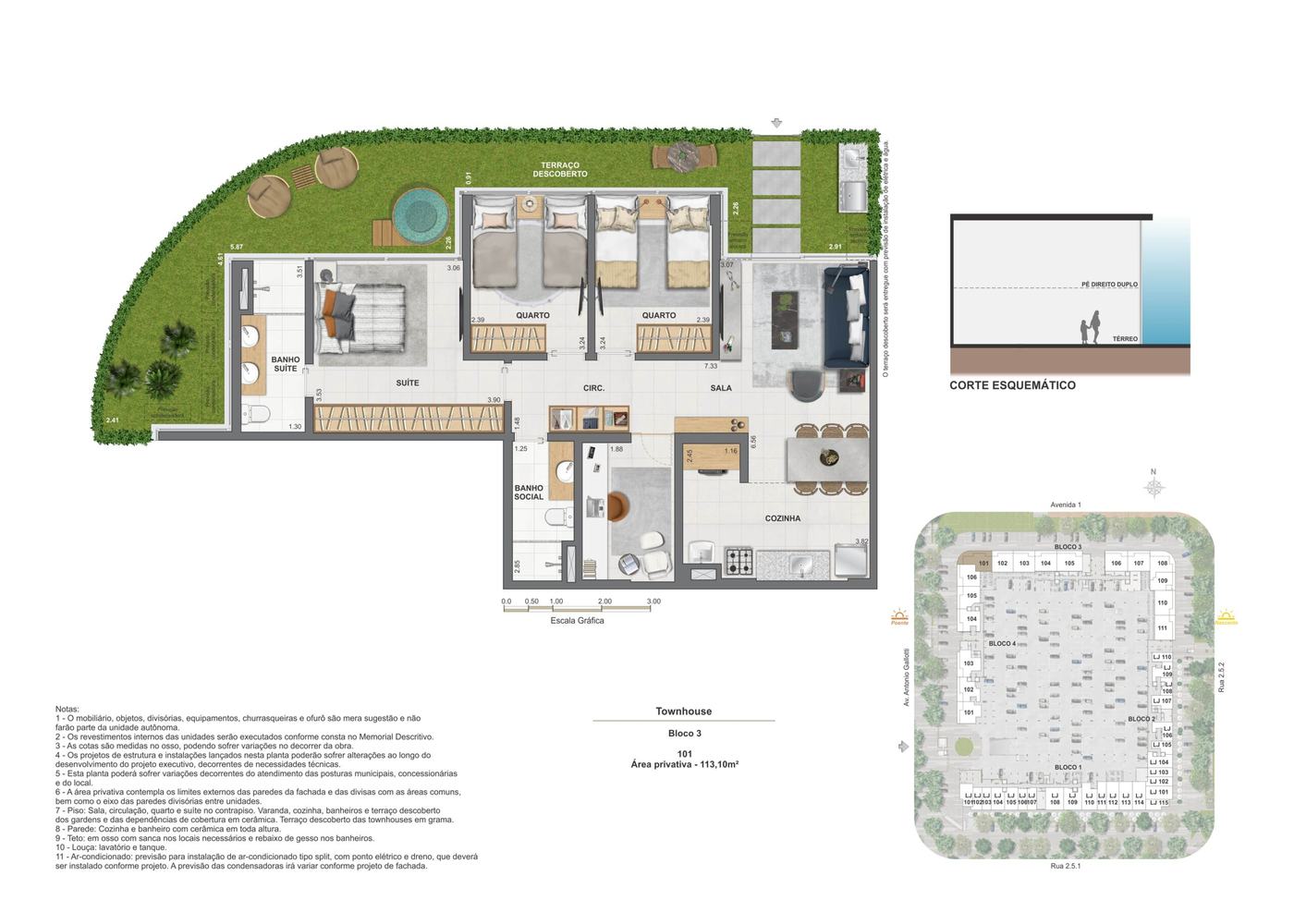 Planta humanizada de um townhouse do Arte Wood, com jardim privativo e corte esquemático