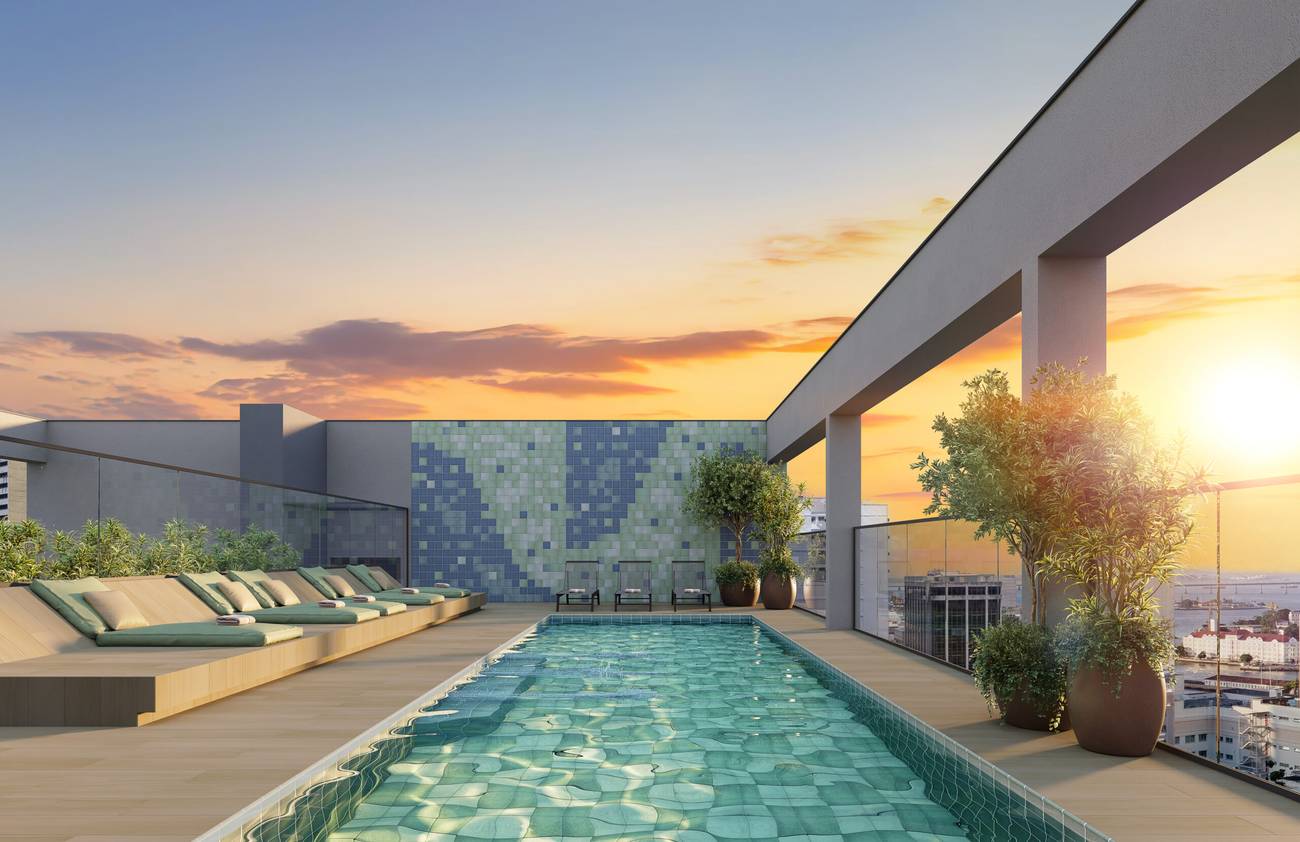 Perspectiva ilustrada da piscina e do solário no rooftop, ao entardecer