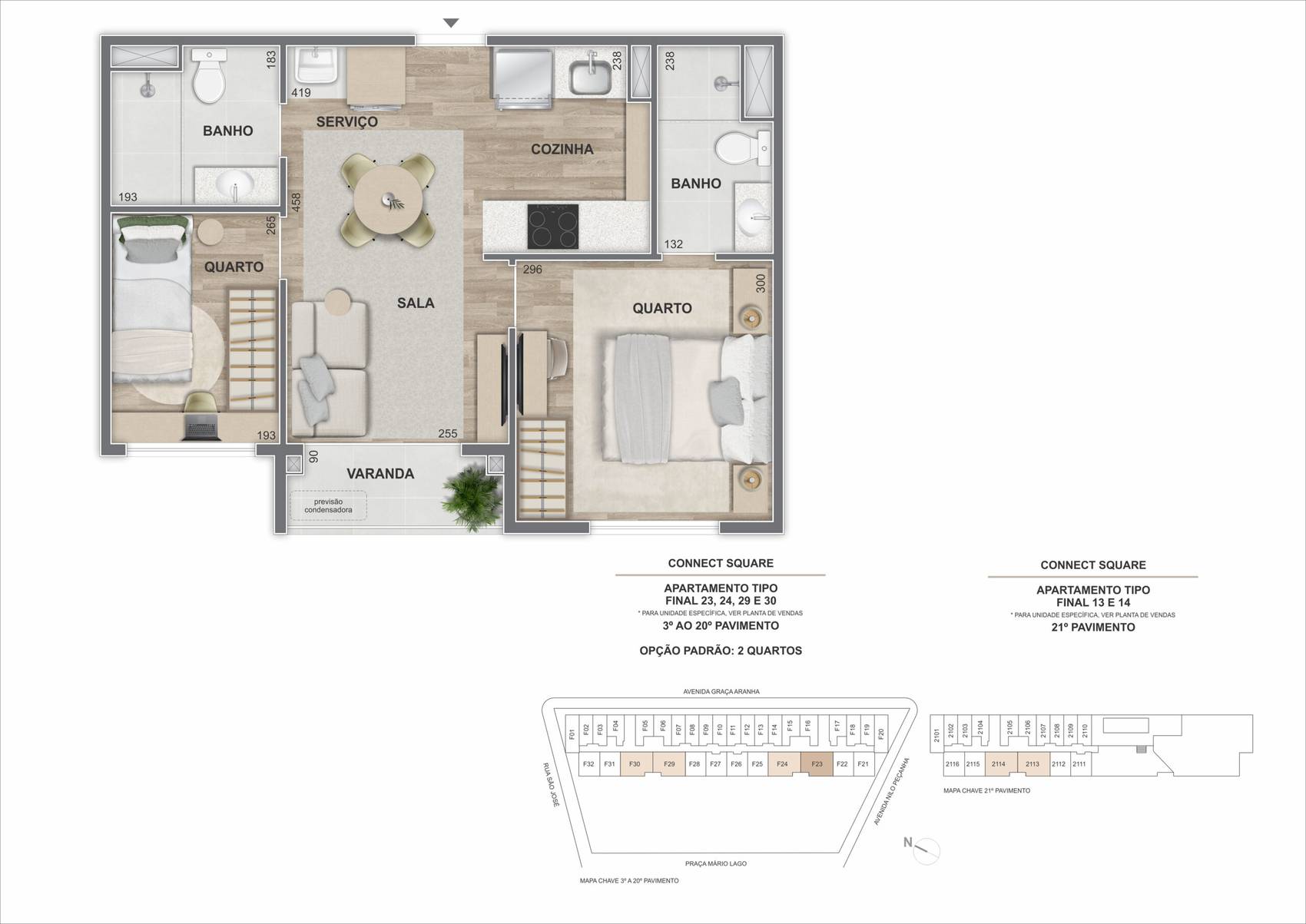Planta do apartamento de 2 quartos do Connect Square, finais 23, 24, 29 e 30, opção padrão