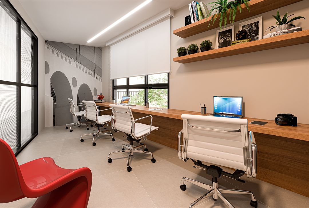 Perspectiva ilustrada do coworking do Cores do Rio, com estações de trabalho