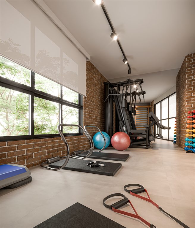 Perspectiva ilustrada da sala de musculação, com estação de peso e tijolo aparente