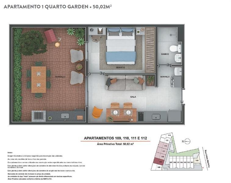 Planta humanizada do apartamento de um quarto garden do Cores do Rio, unidades 109 a 112