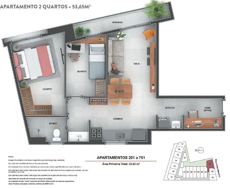 Planta humanizada do apartamento de dois quartos do Cores do Rio, unidades 201 a 701