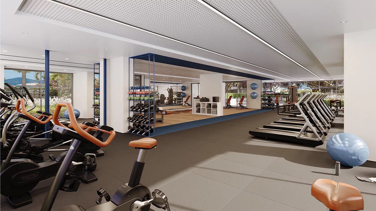 Perspectiva ilustrada da academia, com equipamentos de musculação e cardio