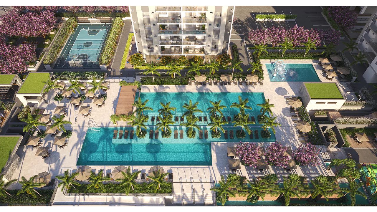 Perspectiva ilustrada aérea do clube de lazer, com duas piscinas alinhadas, quadra e palmeiras