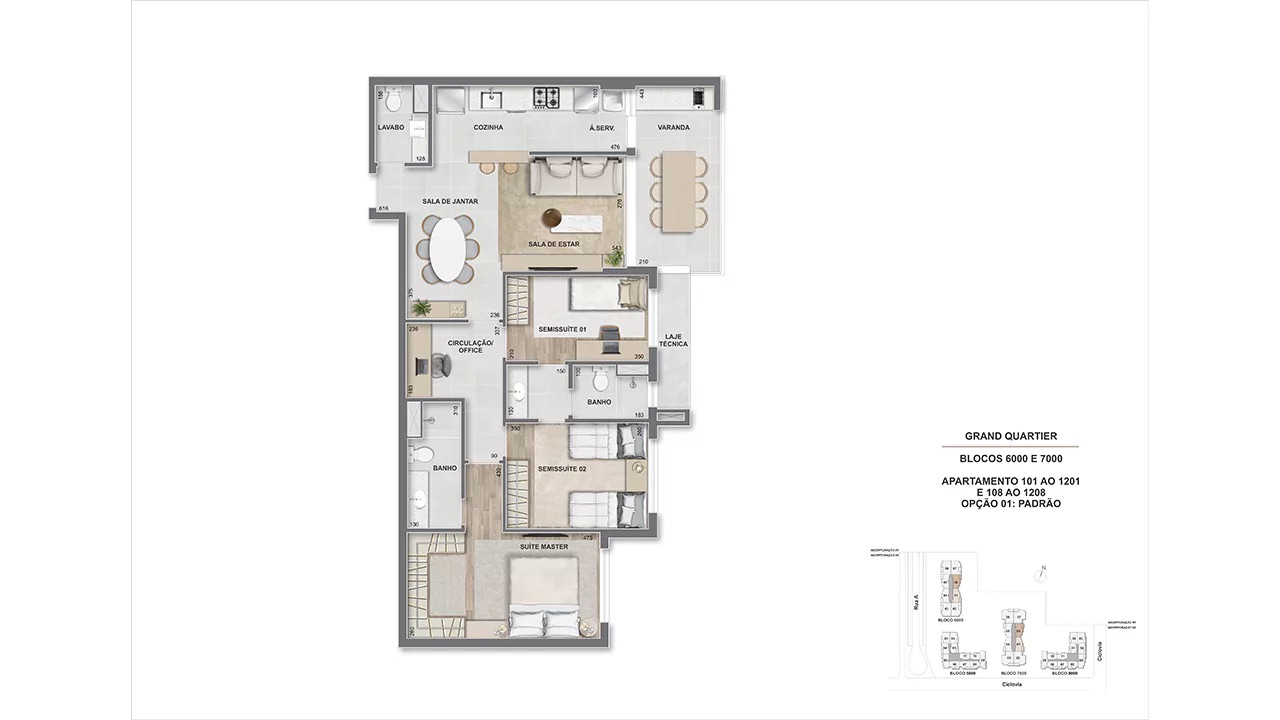 Prancha de planta do apartamento de 3 suítes de 99 m²