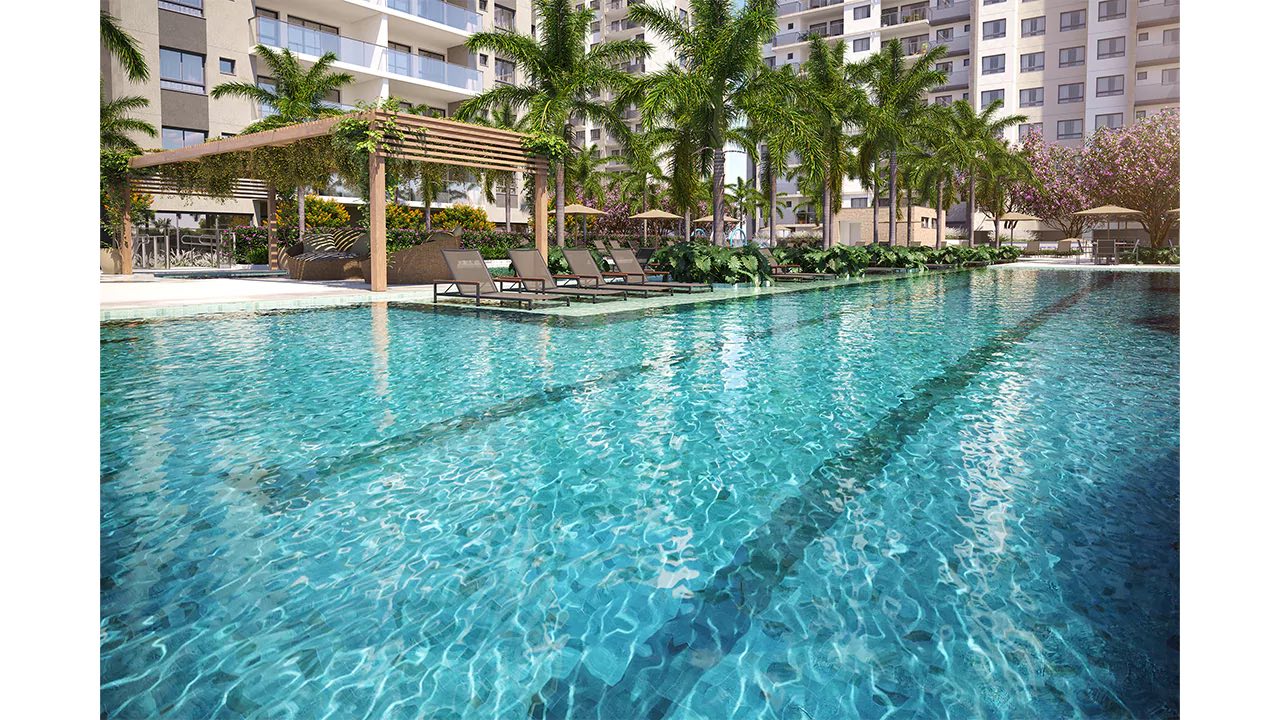 Perspectiva ilustrada da piscina com raia de 25 metros, cercada de deck e vegetação