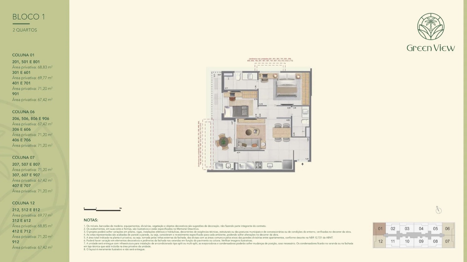 Prancha oficial do bloco 1, apartamentos de 2 quartos
