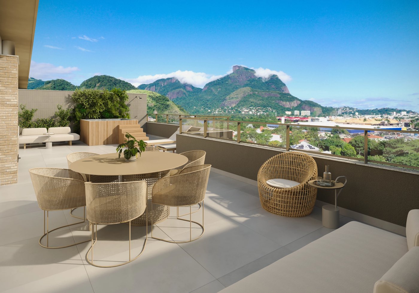 Perspectiva ilustrada de terraço com mesa e poltronas, com a Pedra da Gávea ao fundo