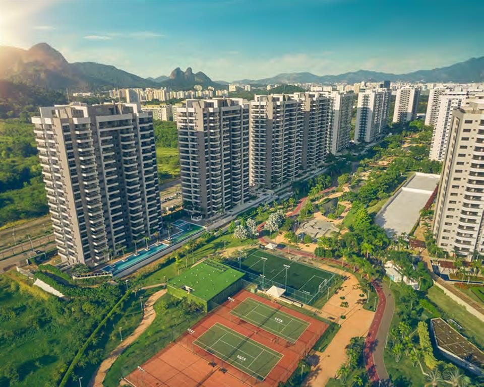 Vista aérea ilustrada do bairro planejado Ilha Pura, com o parque, as quadras e as torres
