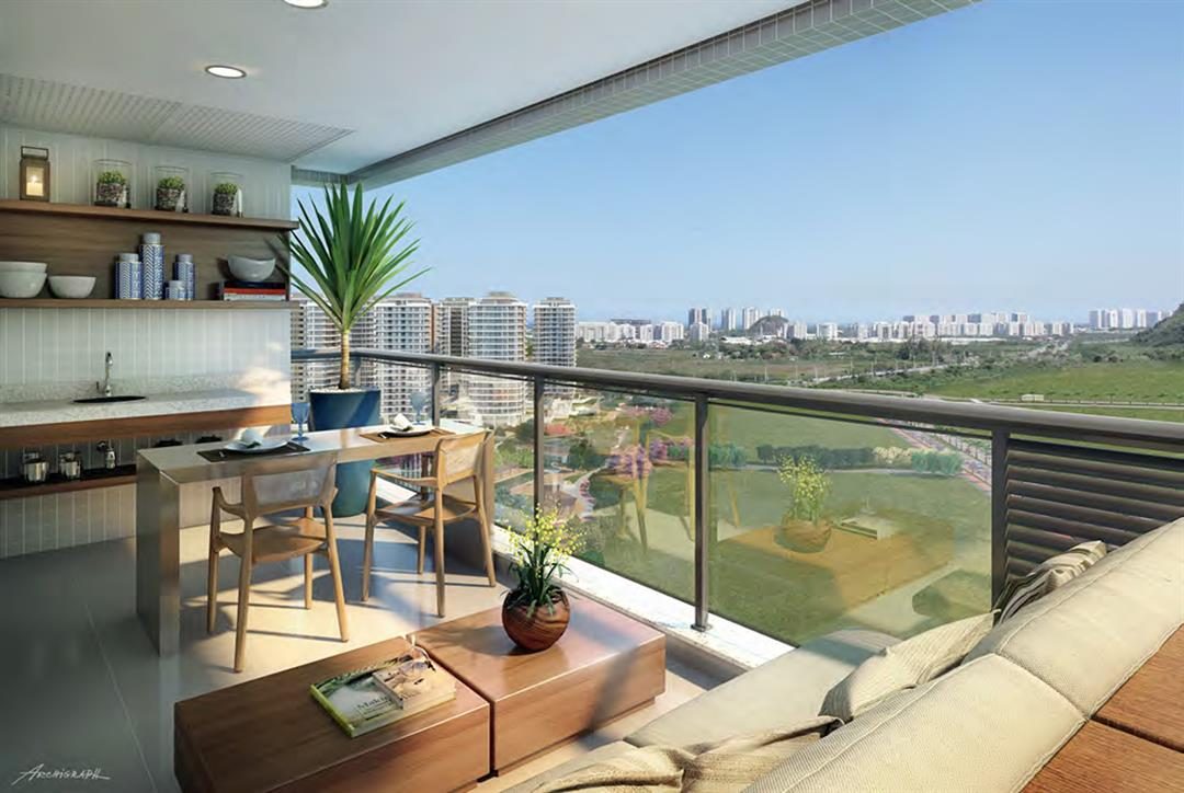 Perspectiva ilustrada de uma varanda gourmet, com bancada, mesa e vista aberta para o verde