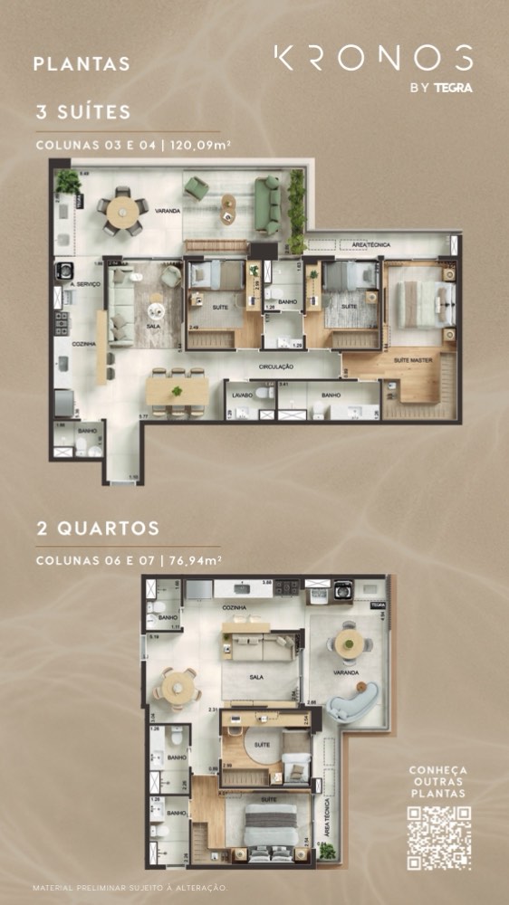 Prancha de plantas com o apartamento de 3 suítes e o de 2 quartos