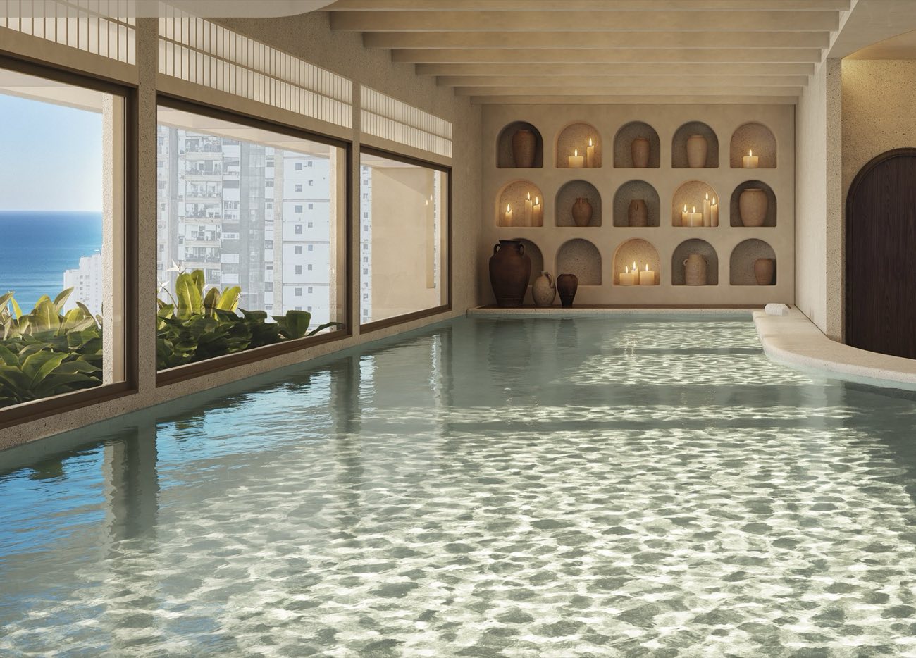 Perspectiva ilustrada da piscina coberta do spa, com nichos em arco e vista para o mar