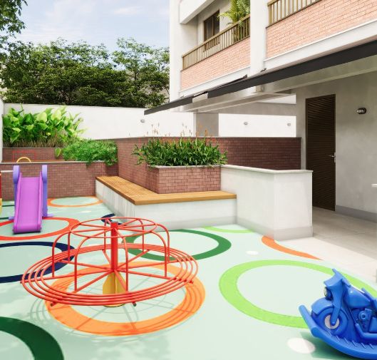 Perspectiva ilustrada do playground com piso colorido e brinquedos