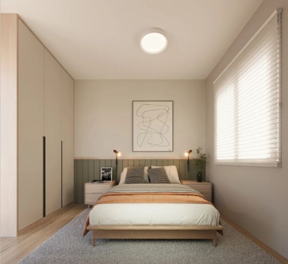 Perspectiva ilustrada de um quarto de casal decorado, com armário embutido