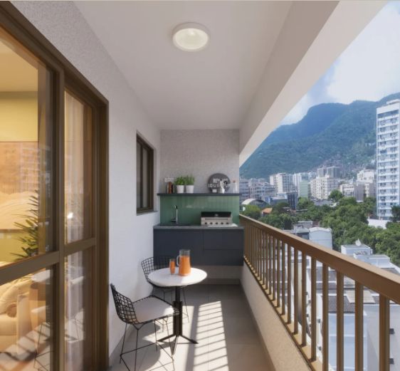 Perspectiva ilustrada de uma varanda com churrasqueira e vista para o maciço da Tijuca