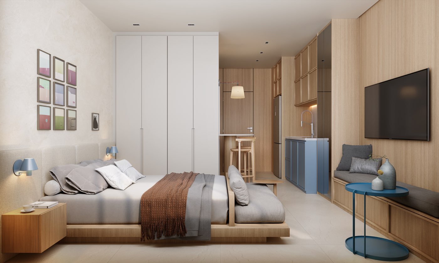 Perspectiva ilustrada de um studio decorado, com cama, armários, bancada e área de estar