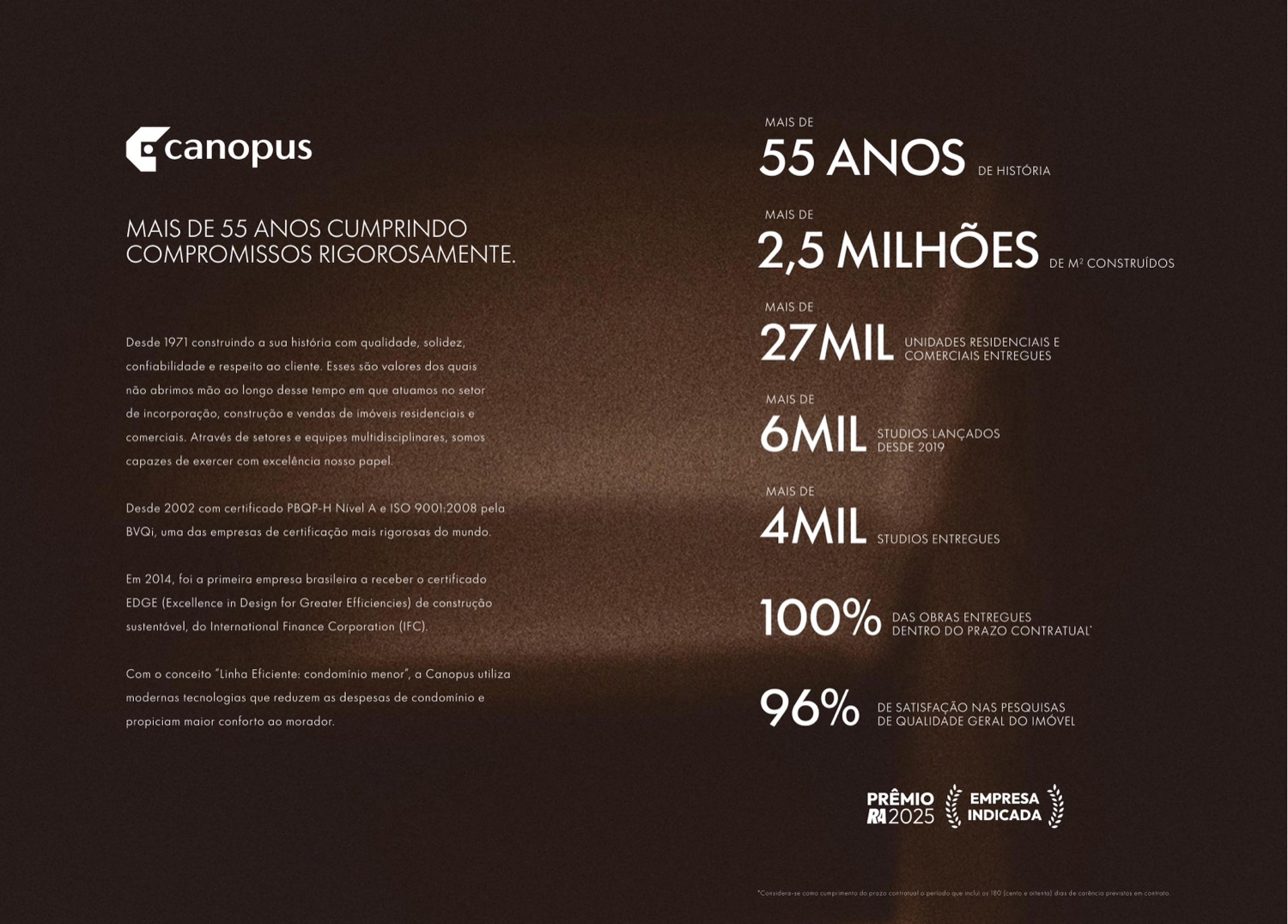 Página do book com os números institucionais da Construtora Canopus